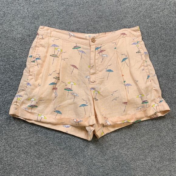 C&C California Shorts Womens 10 Light Peach Multi Linen Beach Umbrella Print - Picture 2 of 12